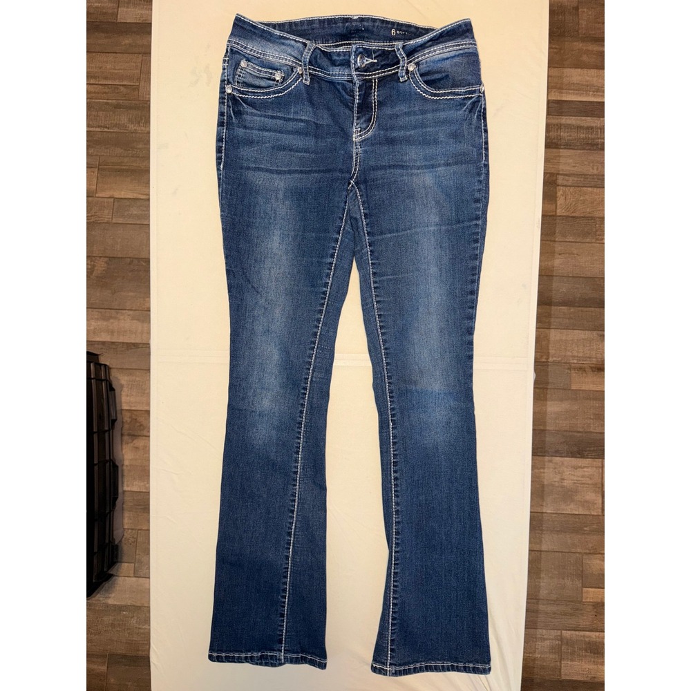 Grace In LA Size 6 Bootcut Blue Denim Jeans Embellished Pockets